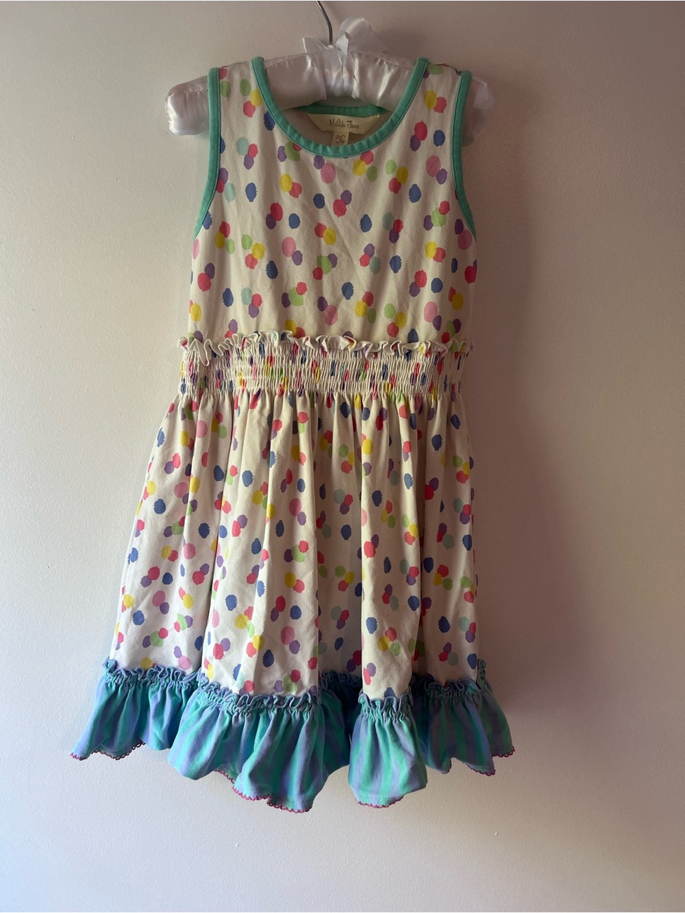 Matilda Jane Cream Polka Dot Smocked Tank Dress with Teal Trim